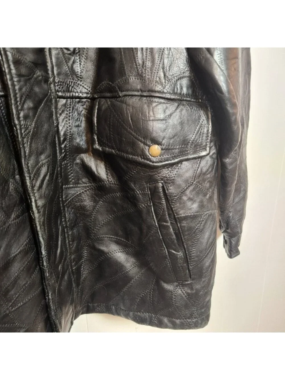 Vintage Maxam Leather Jacket 1990s Italian Mosaic Patchwork Black Zip Medium